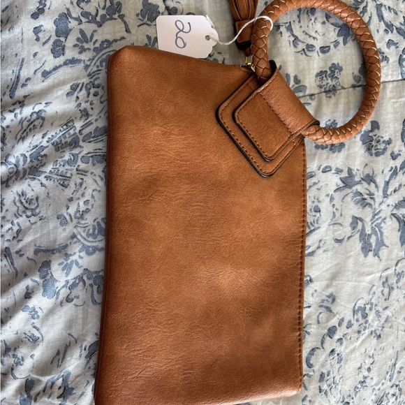 Tan leather Clutch with Braided Handle and Tassel - Picture 2 of 4